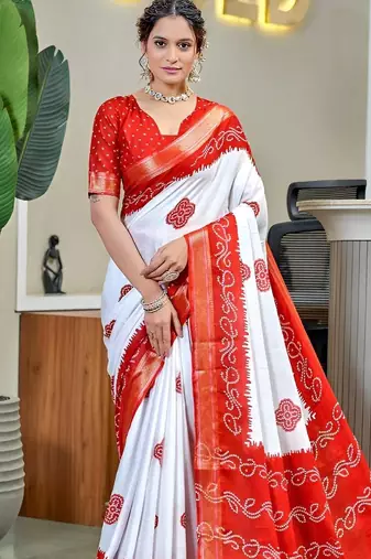 White bandhani printed  cotton saree