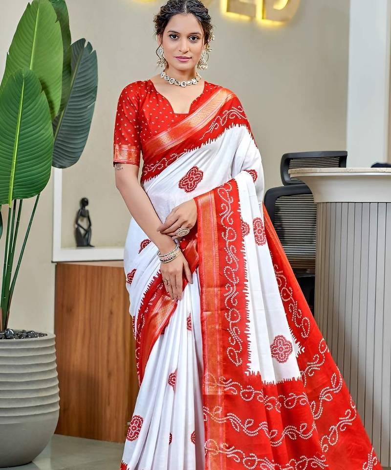 White bandhani printed  cotton saree