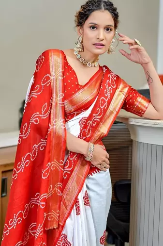 White bandhani printed  cotton saree