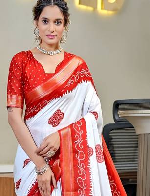 White bandhani printed  cotton saree 4