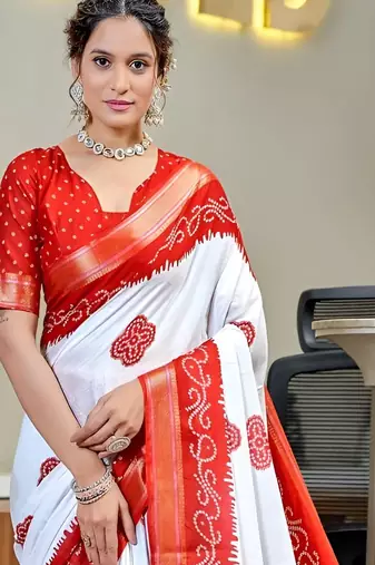 White bandhani printed  cotton saree