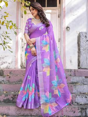Lavender floral  cotton saree 1