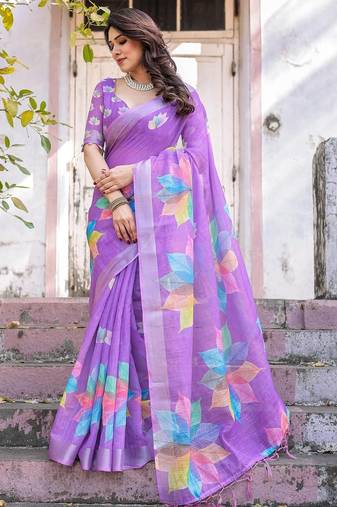 Lavender floral  cotton saree