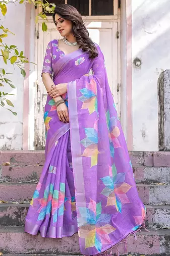 Lavender floral  cotton saree