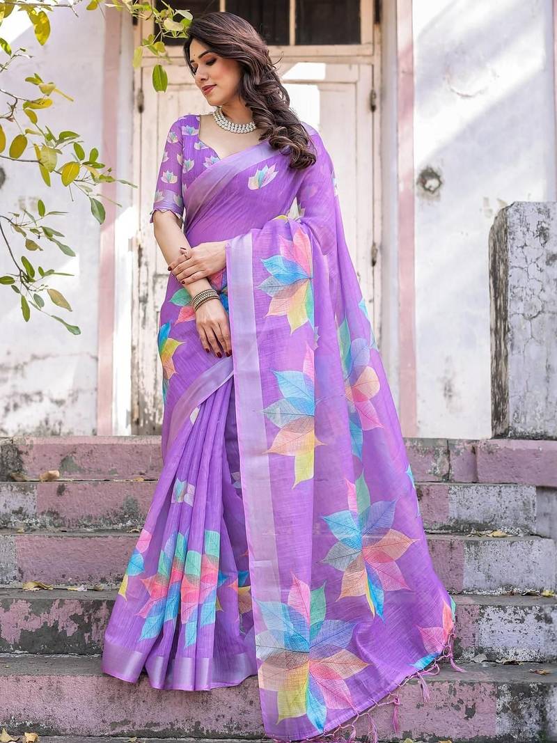 Lavender floral  cotton saree