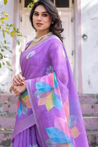 Lavender floral  cotton saree