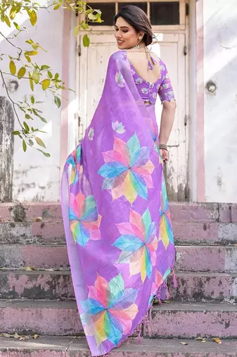 Lavender floral  cotton saree