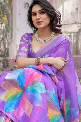 Lavender floral  cotton saree
