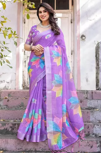 Lavender floral  cotton saree