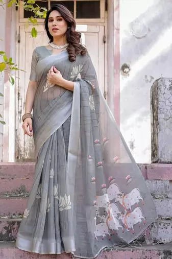 Grey ethnic motifs printed zari  cotton saree