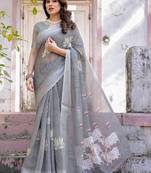 Grey ethnic motifs printed zari  cotton saree