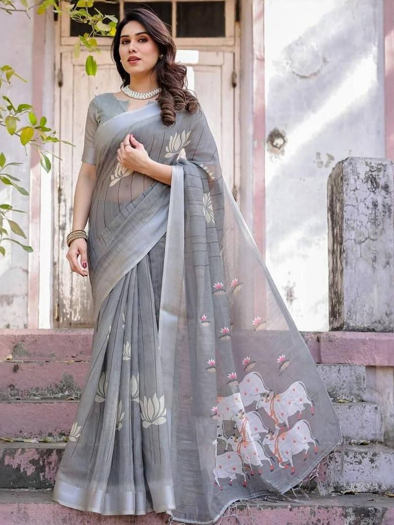 Grey ethnic motifs printed zari  cotton saree