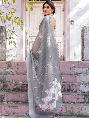 Grey ethnic motifs printed zari  cotton saree 3