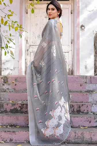 Grey ethnic motifs printed zari  cotton saree