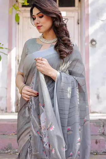 Grey ethnic motifs printed zari  cotton saree
