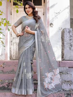 Grey ethnic motifs printed zari  cotton saree 5