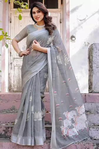 Grey ethnic motifs printed zari  cotton saree