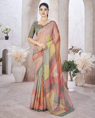 Peach beads and stones organza saree 1