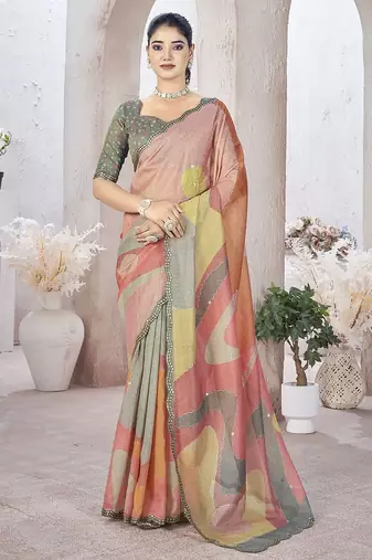 Peach beads and stones organza saree