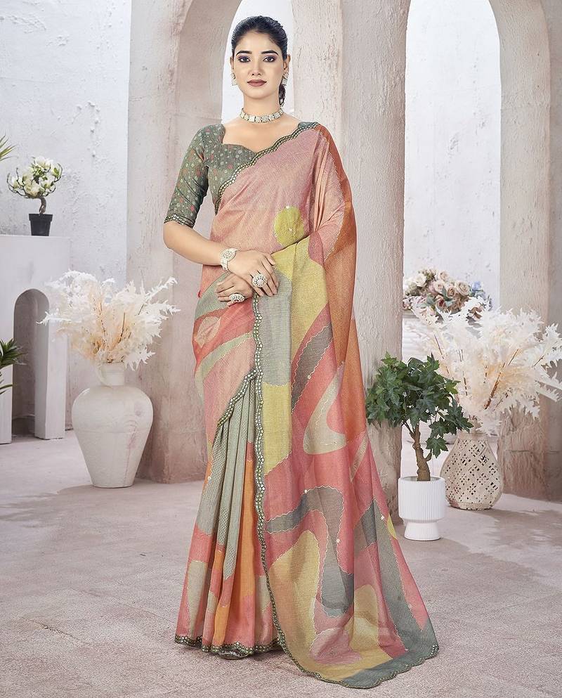Peach beads and stones organza saree