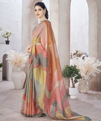 Peach beads and stones organza saree 2
