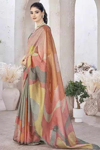 Peach beads and stones organza saree