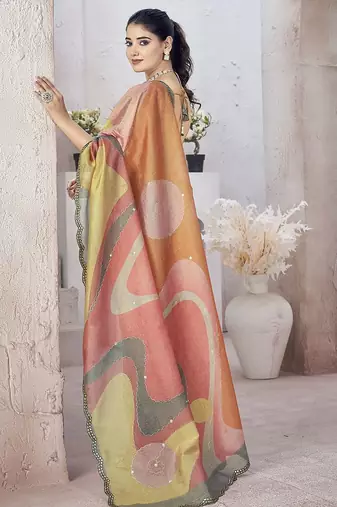 Peach beads and stones organza saree