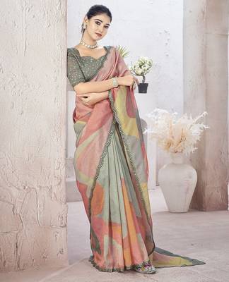 Peach beads and stones organza saree 4