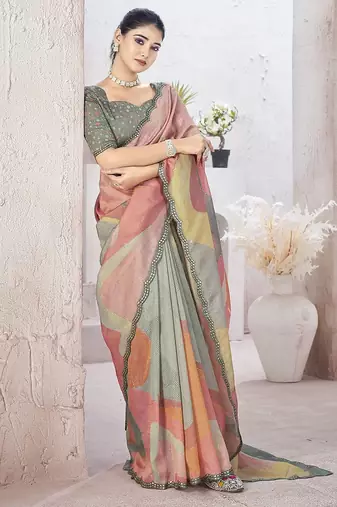 Peach beads and stones organza saree
