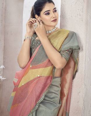 Peach beads and stones organza saree 5