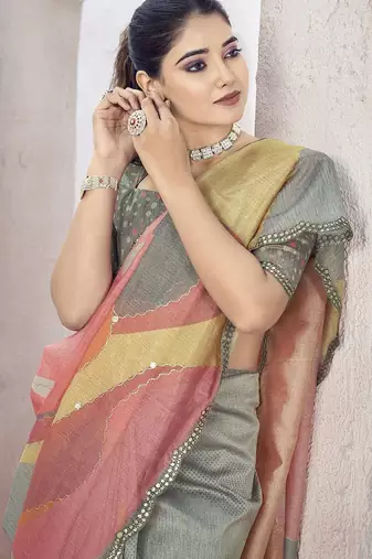 Peach beads and stones organza saree