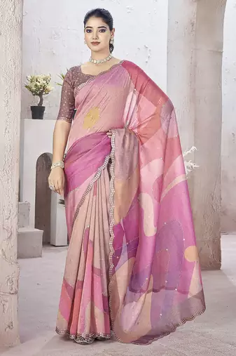 Pink beads and stones organza saree