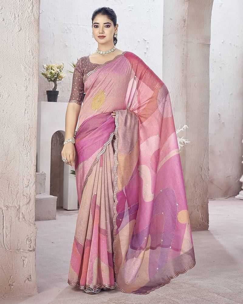 Pink beads and stones organza saree