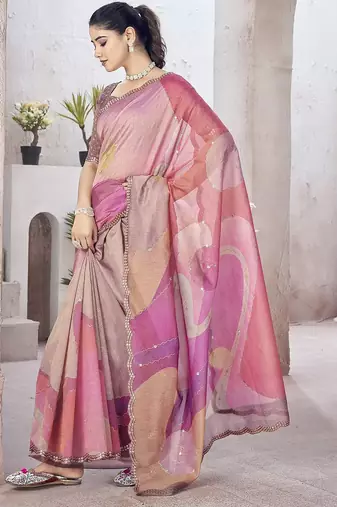 Pink beads and stones organza saree