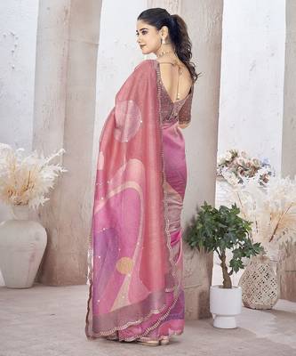 Pink beads and stones organza saree 3