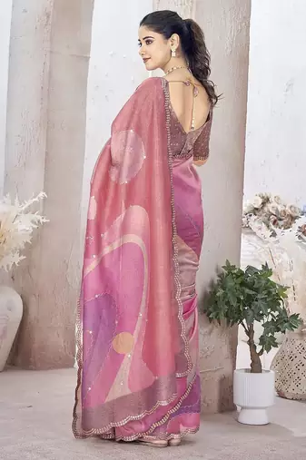 Pink beads and stones organza saree