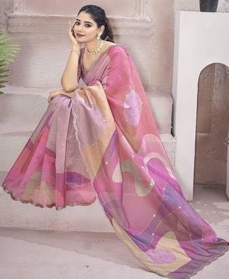 Pink beads and stones organza saree 4