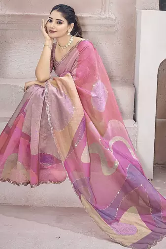 Pink beads and stones organza saree