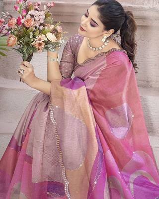 Pink beads and stones organza saree 5