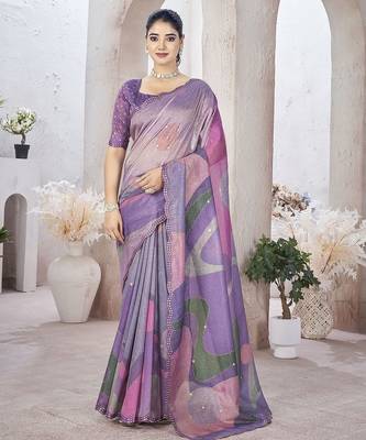 Lavender abstract printed organza saree 1