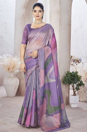 Lavender abstract printed organza saree