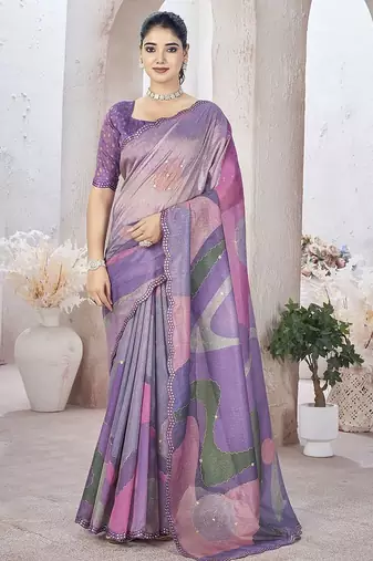 Lavender abstract printed organza saree