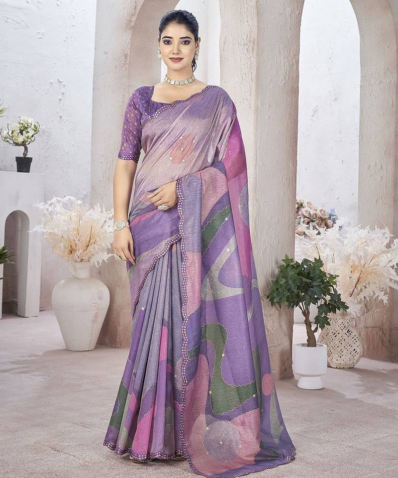 Lavender abstract printed organza saree