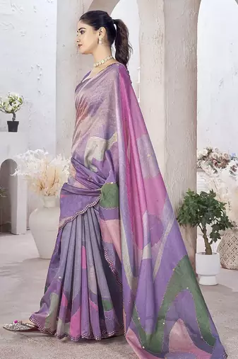 Lavender abstract printed organza saree