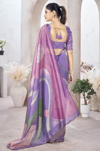 Lavender abstract printed organza saree