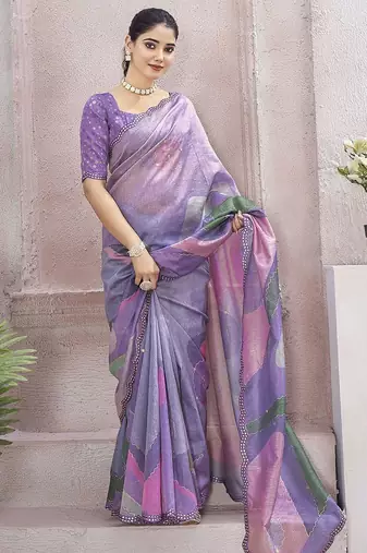 Lavender abstract printed organza saree