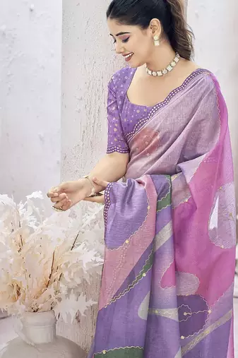 Lavender abstract printed organza saree