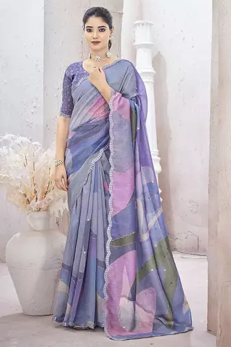 Purple embroidered organza saree
