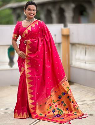 Pink ethnic motifs woven design paithani saree 1