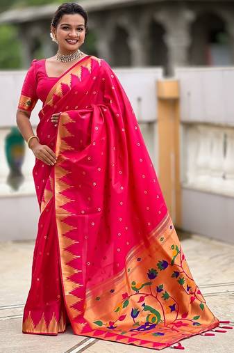 Pink ethnic motifs woven design paithani saree